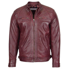 Men’s Burgundy Standing Collar Leather Jacket – Slim Fit Biker by Regals Leather