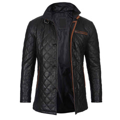 Regals Leather Men's Black Quilted Leather Car Coat - Glen Style - Winter Warm Jacket
