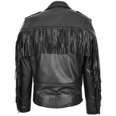 Men's Biker Brando Leather Jacket with Fringes Wayne Black