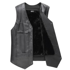 Leather Motorcycle Vest Men's Fleece Sherpa Lined V-Neck Waistcoat Punk Shoulder Button Down Sleeveless Leather Vest