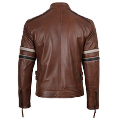 Biker Men's Cognac Brown Leather Racer Jacket with Black and Beige Stripes