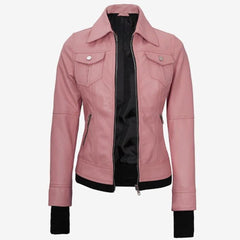 Pink Lambskin Leather Biker Jacket: Removable Hood, Moto Style Women Leather Jacket