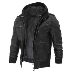 Real Lambskin Men's Black Leather Jacket with Removeable Hood