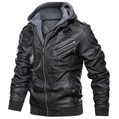 Comfortable Men's Motorcycle Leather Jacket with Removable Hood - Black