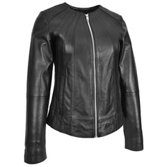 Women’s Real Leather Classic Jacket – Lottie Black Collarless Design