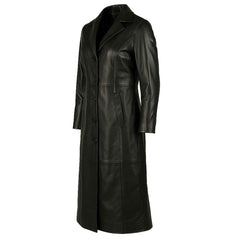 Women’s Long Black Leather Trench Coat – Genuine Sheepskin Leather Overcoat with Button Closure