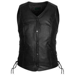 Women's Black Five Snap Leather Motorcycle Vest with Side Laces & Interior Pocket, Classic V-Neck Biker Style Vest