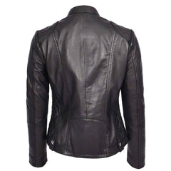 Women’s Black Leather Cafe Racer Jacket – Fitted Quilted Biker Style with Zip Closure