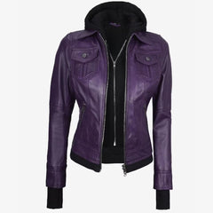 Women’s Purple Lambskin Leather Biker Jacket with Removable Hood & Thumbhole Cuffs