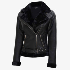 Women's Black Asymmetrical Shearling Real Leather Jacket | Regals Leather