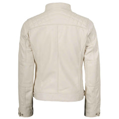 Women’s Off White Quilted Cafe Racer Leather Jacket – Johnson Real Lambskin Biker Coat