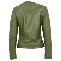 Women’s Olive Green Leather Jacket – Joan Collarless Quilted Design in Soft Nappa