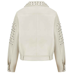 Women’s Faux Leather Studded Rivet Jacket – Short Moto Biker Coat with Stand Collar