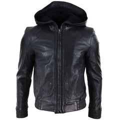 Fashion Men's Hooded Bomber Leather Jacket Inner Soft Lining