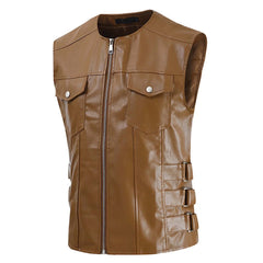 Mens Faux Leather Suit Vest Full Zipper Vintage Slim Fit Waistcoat Vest with Pockets Crewneck Motorcycle Vest Outfits Brown