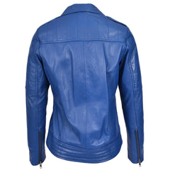 Women’s Genuine Leather Cross Zip Biker Jacket – Pam Blue Moto Design