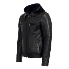 Casual Biker Men’s Hooded Genuine Leather Jacket Black Color