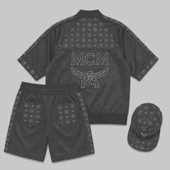 MCM Men’s Black Monogram Leather Tracksuit Set | Zip Jacket, Shorts & Cap | Summer Outfit