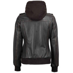 Dark Brown Rub Off Leather Jacket for Women with Removable Hood – Premium Casual Wear
