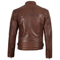 Men's Cognac Brown Cafe Racer Biker Style Genuine Leather Jacket