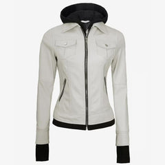 Off-White Lambskin Leather Biker Jacket Removable Hood Thumbhole Women Leather Jacket