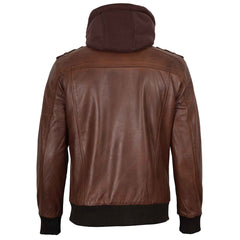 Edinburgh Men's Brown Bomber Genuine Leather Jacket With Removable Hood