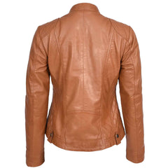 Women’s Soft Tan Leather Biker Jacket – Fitted Quilted Cafe Racer Style | Fiona