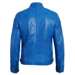 Dodge Men's Blue Lambskin Genuine Leather Cafe Racer Biker Style Jacket