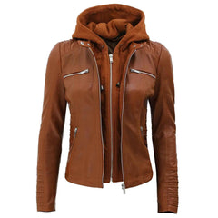Women’s Hooded Brown Leather Bomber Jacket – Classic PU Faux Leather Moto Coat for All Seasons