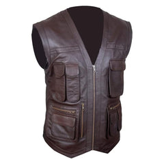 Men's Leather Motorcycle Vest - Brown Sleeveless V-Neck Biker Leather Waistcoats for Men