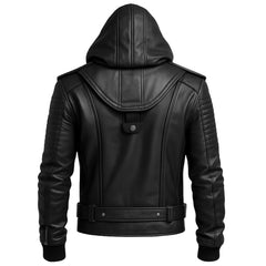 Men's Black Cowhide Leather Biker Jacket Hooded Motorcycle Riding Coat