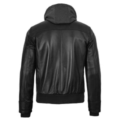 Men's Black Bomber Lambskin Leather Jacket with Removable Hood