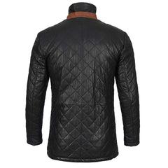 Regals Leather Men's Black Quilted Leather Car Coat - Glen Style - Winter Warm Jacket