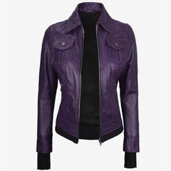 Women’s Purple Lambskin Leather Biker Jacket with Removable Hood & Thumbhole Cuffs