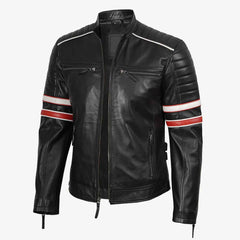 Biker Casual Fit Men’s Black Cafe Racer Leather Jacket with Dual Stripes