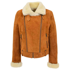 Regals Leather Women’s Sheepskin Aviator Pilot Jacket in Tan White