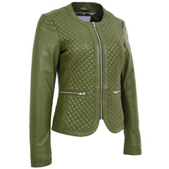 Women’s Olive Green Leather Jacket – Joan Collarless Quilted Design in Soft Nappa