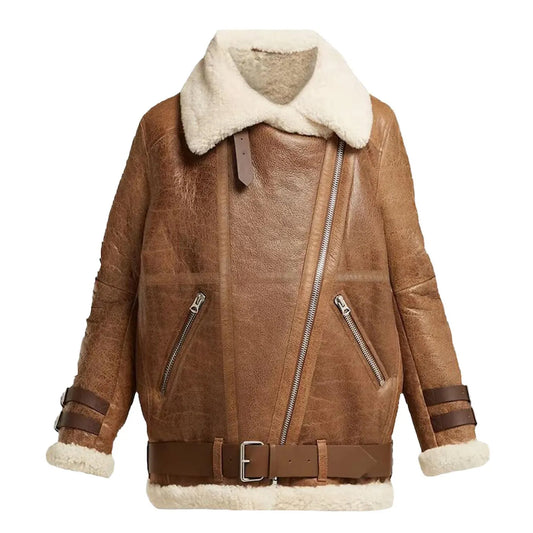 Vintage Brown B3 RAF Aviator Jacket for Women – Faux Fur Sheepskin Bomber Style