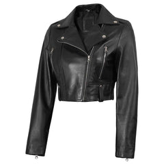 Genuine Lambskin Colleen Women’s Cropped Black Biker Style Leather Jacket