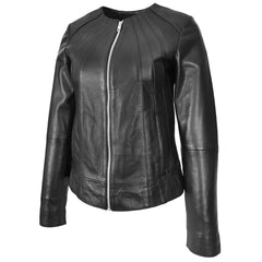 Women’s Real Leather Classic Jacket – Lottie Black Collarless Design