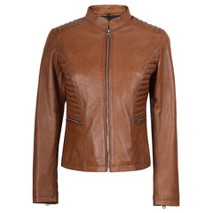 Women’s Tan Real Leather Cafe Racer Jacket – Rachel Biker Style