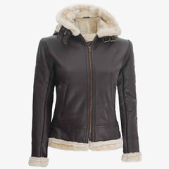 Women’s Dark Brown Hooded Shearling Leather Jacket – Warm Winter Fashion Coat