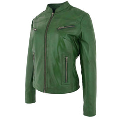 Women’s Real Leather Standing Collar Jacket – Becky Green Classic Fit