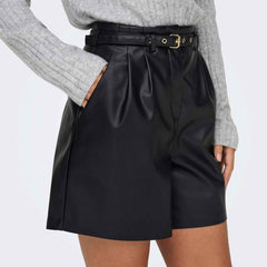 Mid Waist Regular Fit Synthetic Leather Shorts For Women's