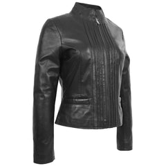 Women’s Black Leather Casual Jacket with Standing Collar – Regals Leather