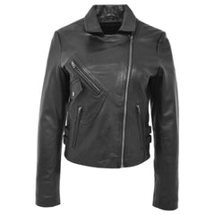 Women’s Black Leather Jacket – Jodie Soft Genuine Nappa with Cross Zip Design