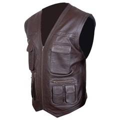 Men's Leather Motorcycle Vest - Brown Sleeveless V-Neck Biker Leather Waistcoats for Men