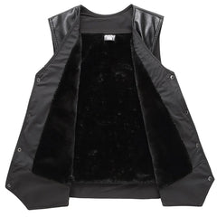 Leather Motorcycle Vest Men's Fleece Sherpa Lined V-Neck Waistcoat Punk Shoulder Button Down Sleeveless Leather Vest