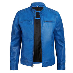 Dodge Men's Blue Lambskin Genuine Leather Cafe Racer Biker Style Jacket