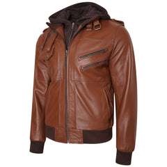 Hooded Brown Bomber Leather Jacket Wing-Hooded-Jacket For Men's
